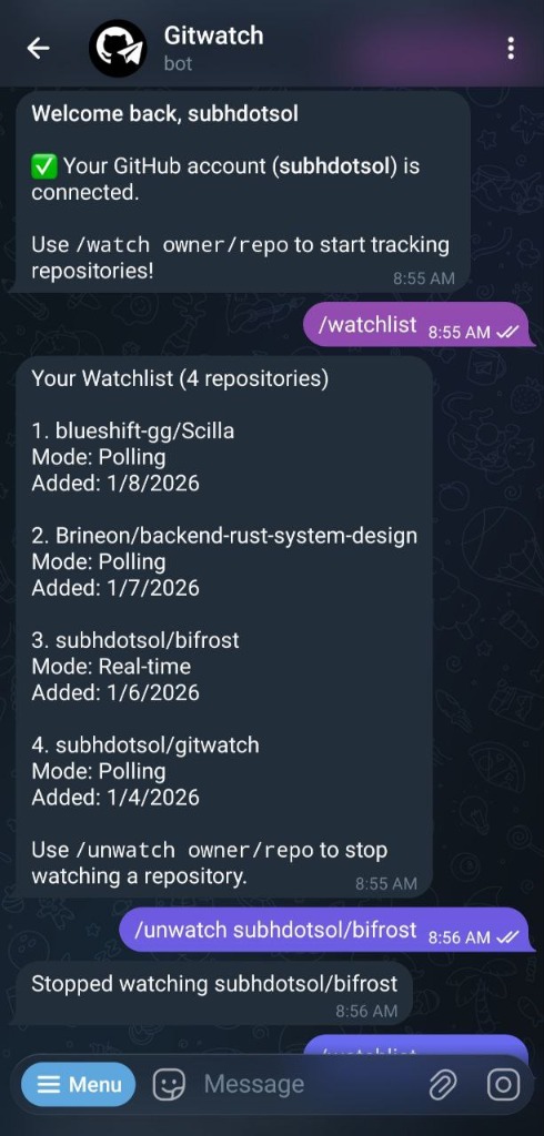 GitWatch Telegram Interface